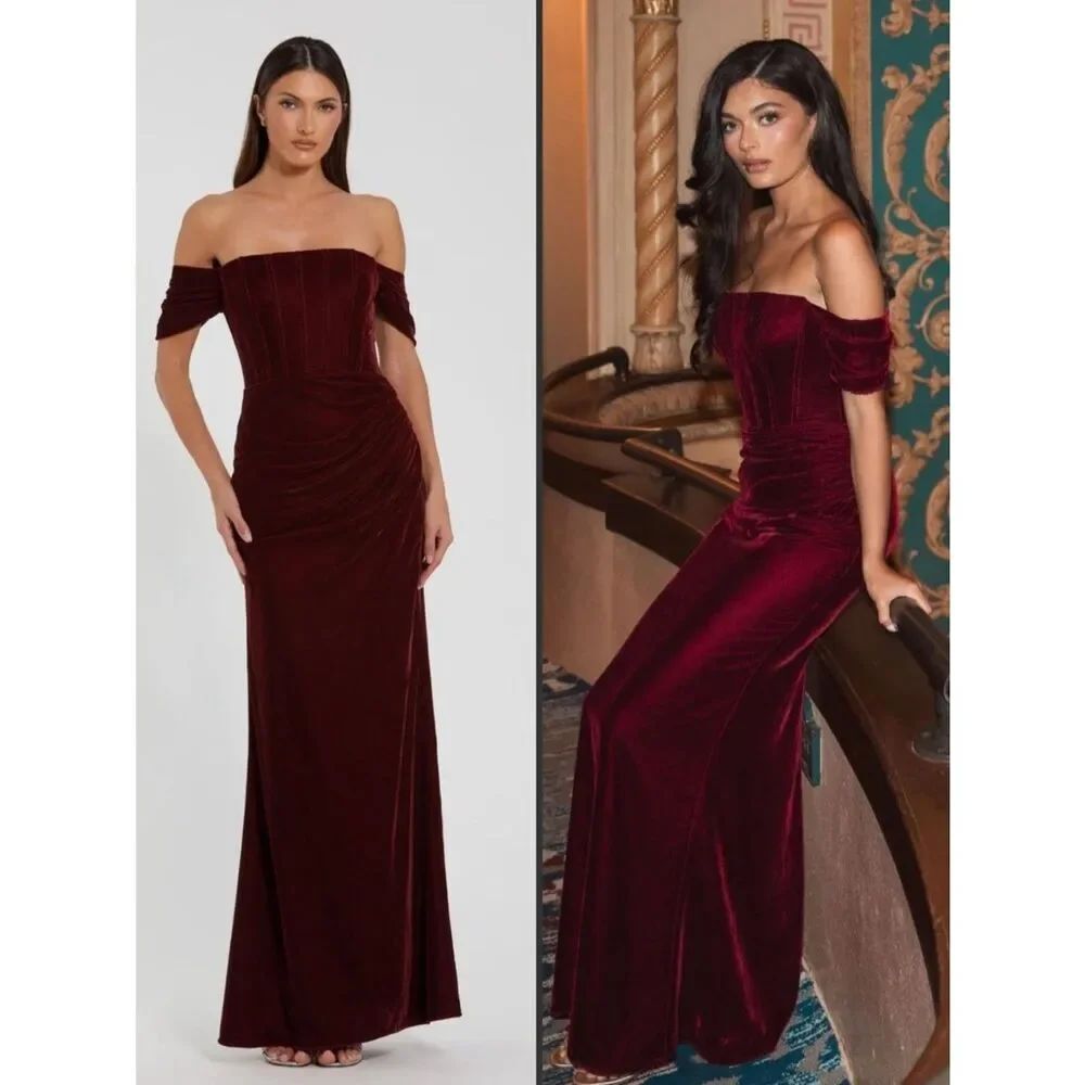 MAC DUGGAL Off The Shoulder Velvet Bustier Gown Wine Are Size 10